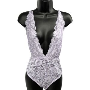 We Are HAH Comin' in HAHT Lace Teddy Bodysuit Deep V Plunge Purple Lilac M